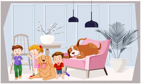 Niños Están Jugando Con Animales Casa — Vector de stock