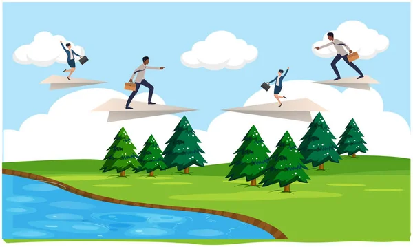 Bahçenin üstünde kağıt uçaklarla uçan iş ekibi.