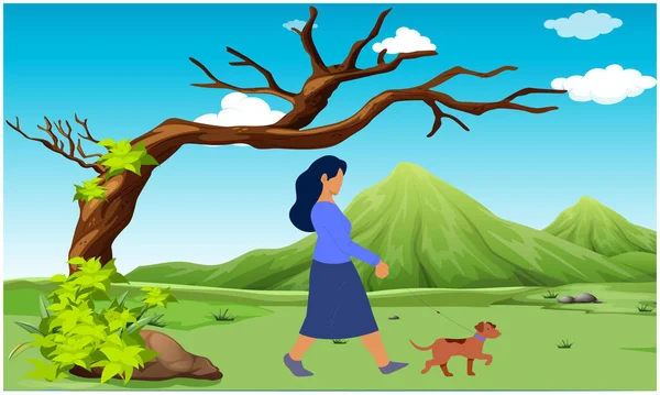 Chica Caminando Con Perro Jardín — Vector de stock