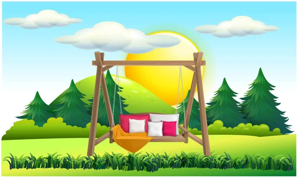 Mock Illustration Hanging Wooden Chair Cushion Garden Sun Set — Stock Vector