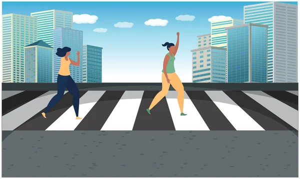 Deux Filles Marchent Sur Route — Image vectorielle