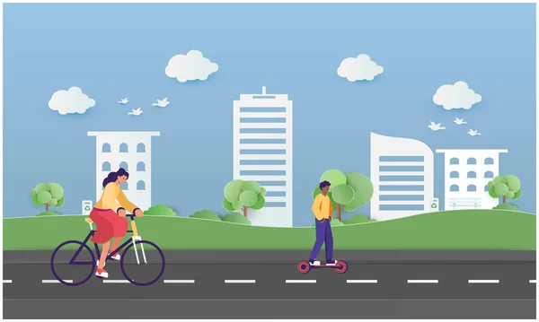 Kadın oğluyla birlikte yolda bisiklet sürüyor.