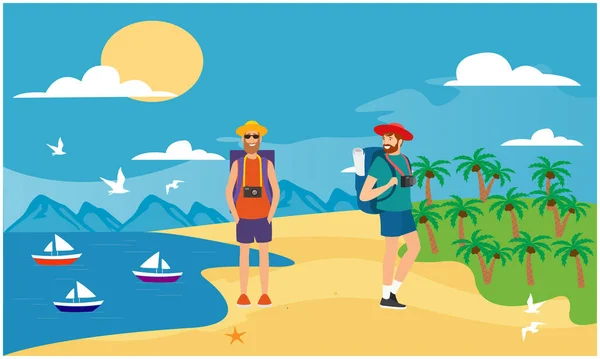 İki arkadaş sahilde pikniğin tadını çıkarıyorlar.