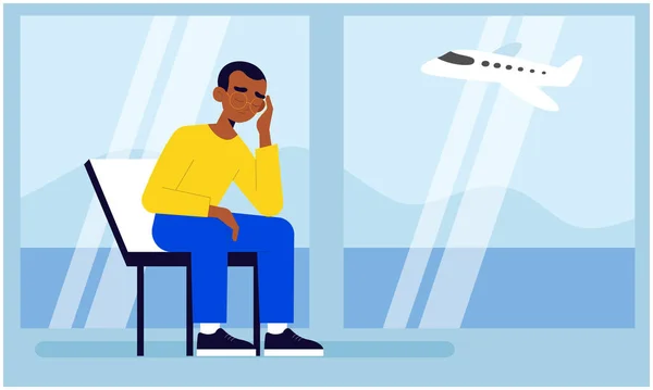 Ένας Άντρας Κάθεται Λυπημένος Στο Αεροδρόμιο — Διανυσματικό Αρχείο