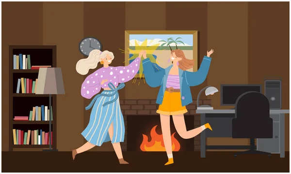Dos Chicas Están Bailando Casa — Archivo Imágenes Vectoriales