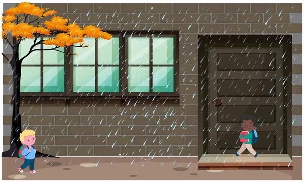 Çocuklar yağmurda okuldan eve dönüyorlar.