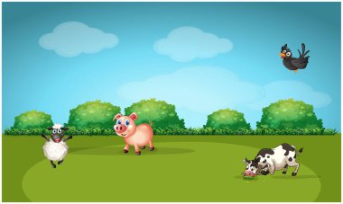 Bazı hayvanlar çiftliklerde otlayıp oynuyorlar.