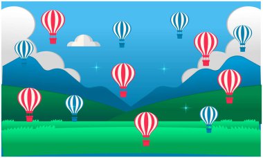 Sıcak hava balonları bahçede uçuyor.
