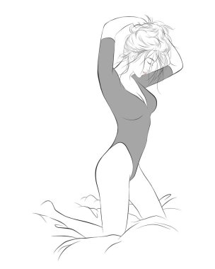 Yatakta saçlarını kıvıran seksi, sağlıklı kız çizgisi. Vektör illüstrasyonu karikatür el çizimi