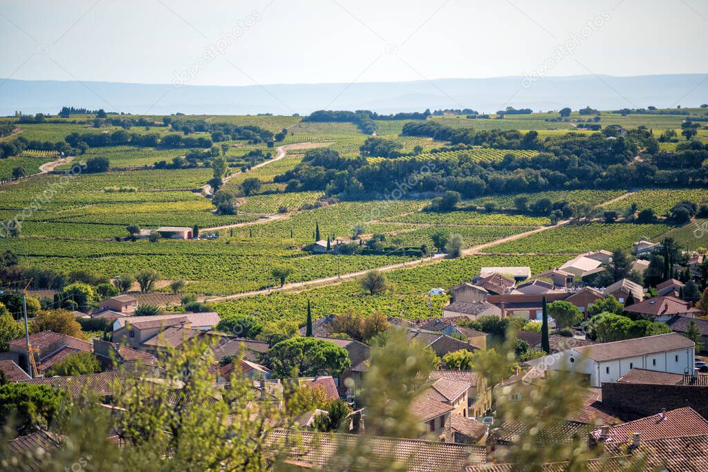 Landscape with vineyards and rural houses. View from castle of Chateauneuf du Pape on the valley. Provence, France. Travel tourism destination. Wine agriculture.