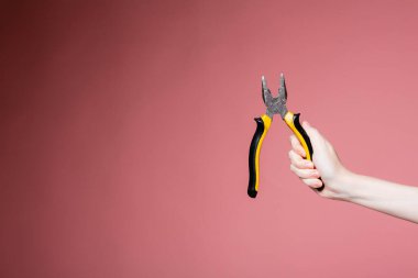 Stüdyodaki pembe arka plandaki kadın penseyi bir inşaat mağazası ve hizmetler için reklam pankartı olarak tutuyor.