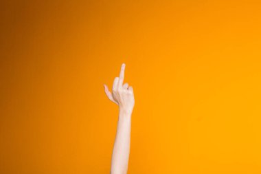 Ahlaksız ve küstah jestler kavramı. Kadın eli, turuncu arka planda ekranın sağındaki orta parmağı gösteriyor..