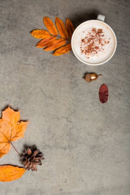 Dikey fotoğraf. Tarçınlı bir fincan kahve, güz yaprakları, kozalaklar, gri bir arka planda meşe palamudu..