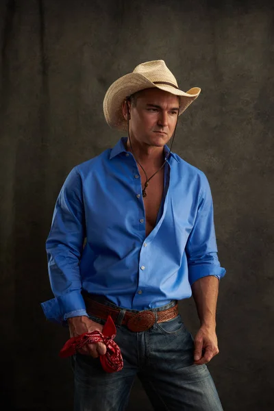 Sexy Cowboy Wears Blue Shirt — Stock Photo, Image