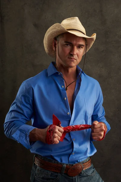 Sexy Cowboy Wears Blue Shirt — Stock Photo, Image