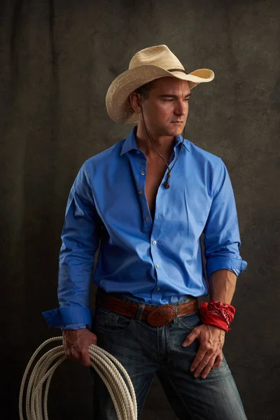 Sexy Cowboy Wears Blue Shirt — Stock Photo, Image