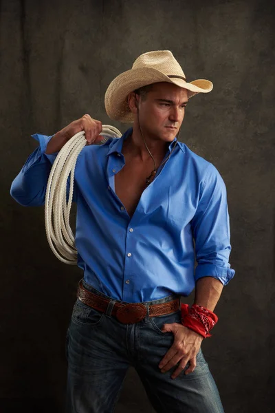 Sexy Cowboy Wears Blue Shirt — Stock Photo, Image