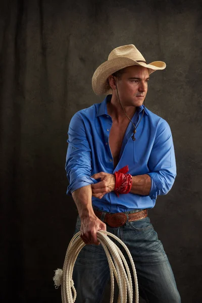 Sexy Cowboy Wears Blue Shirt — Stock Photo, Image