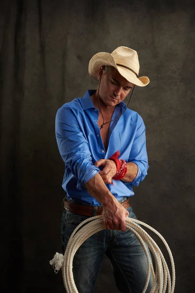 Sexy Cowboy Wears Blue Shirt — Stock Photo, Image