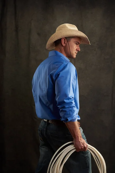 Sexy Cowboy Wears Blue Shirt — Stock Photo, Image