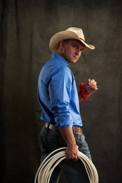 Sexy Cowboy Wears Blue Shirt — Stock Photo, Image