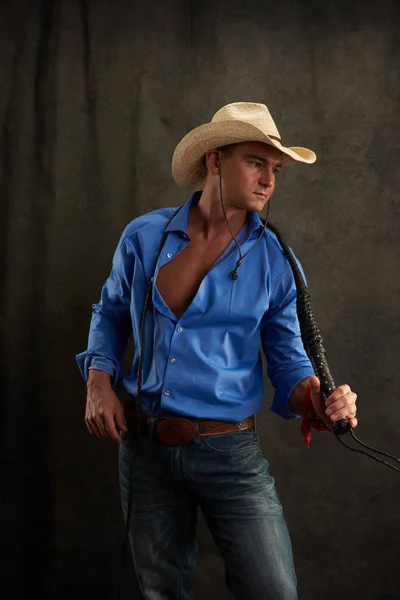Homem Sexy Está Vestido Como Cowboy — Fotografia de Stock