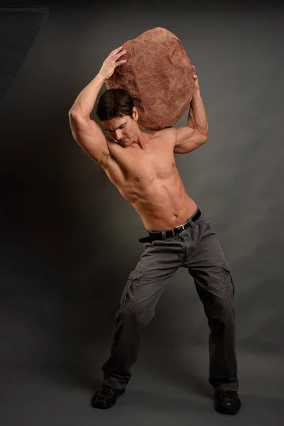 Sexy Man Holds Giant Boulder His Head — Stock Photo, Image