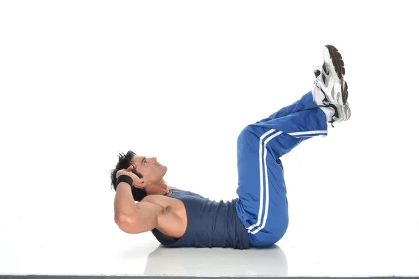 Homem Sexy Realiza Exercício Para Foto — Fotografia de Stock