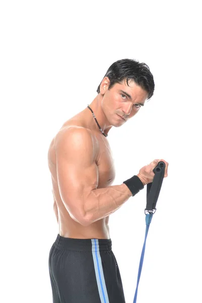 Handsome Man Exercising Stretch Band — Stock Photo, Image