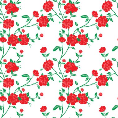 Beyaz arka planda pürüzsüz kırmızı bahçe gül desenli tasarım. Yazdırma, kumaş, tekstil, ağ, ambalaj, dekorasyon vb..
