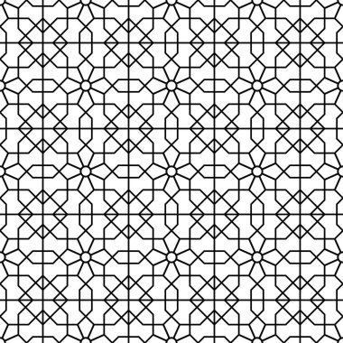 İslami, Pers, Hintli ve Fas tasarımlı kareler ve altıgenlerle kusursuz desen. Soyut doğrusal geometrik desen. yazdırma, ağ, kumaş, duvar kağıdı, arkaplan, dekorasyon için kullanılabilir
