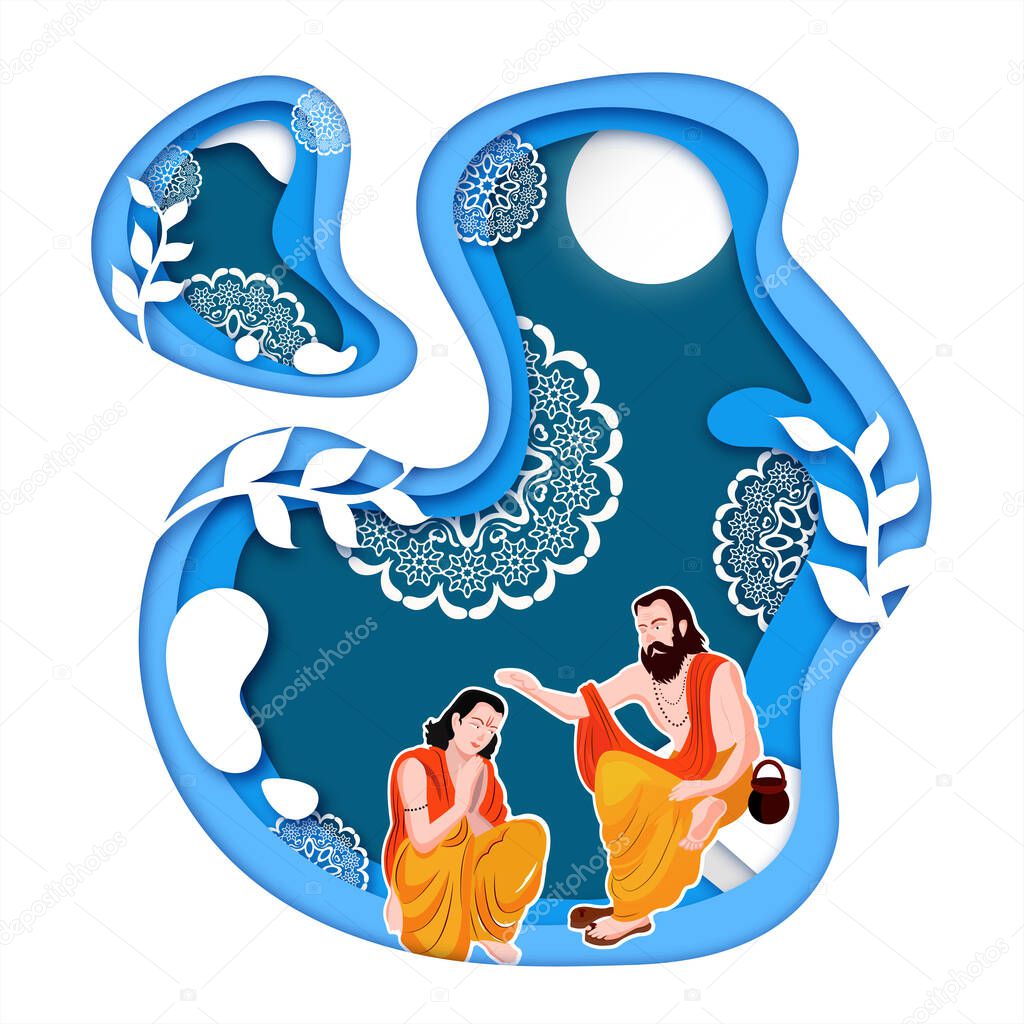 Guru purnima card design of paper cutout pattern of white pattern or background of blue elegant shades, concept of guru or shishya in full moon night.