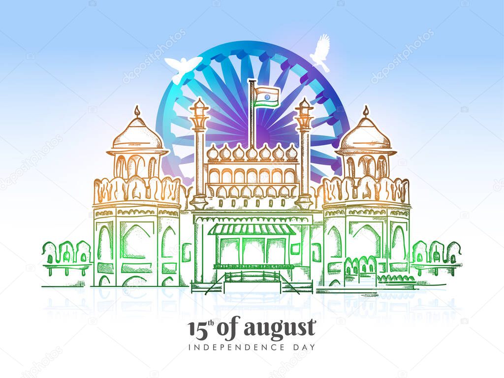 sketching illustration of independence day in India celebration on August 15 on famous monuments red fort.