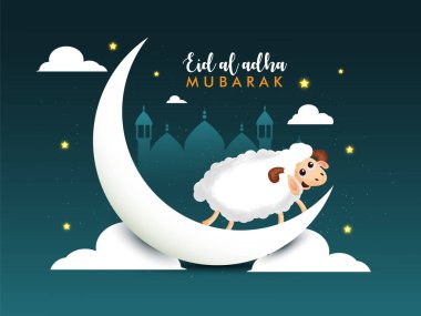 Kurban Bayramı Mübarek, ay ışığında koyunlarla birlikte Müslüman halk festivali arka plan tasarımı kutlaması. Parlayan yıldız ışıkları Vektör İllüstrasyonu.