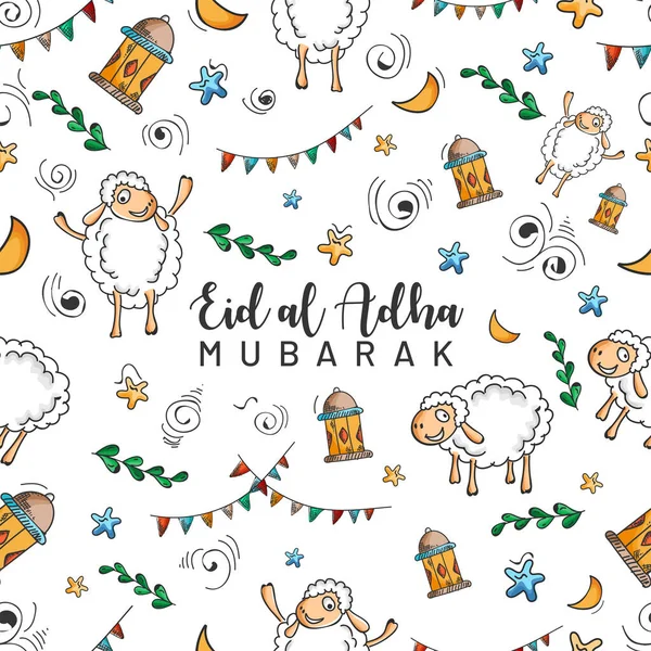 Eid Adha Seamless Pattern Doodle Art Concept Festival Sacrifice Islamisk — Stock vektor