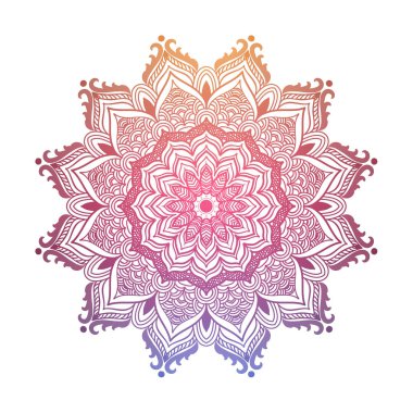 Beyaz izole edilmiş arka plan üzerine yuvarlak gradyan mandala. Hint festivali, meditasyon için yoga şablonu. Madalyalı mandala deseni.