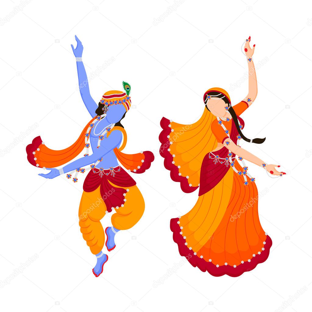 Lord Krishna and radha rani dancing ( rasleela) with each other full of joy and love. God of love. Illustration of janmashtami and holi celebration.