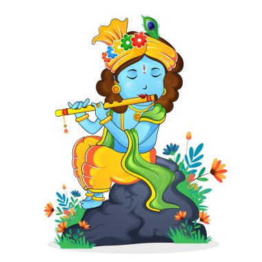 Hindistan Festivali 'nden Lord Krishna' nın Janmashtami doğum gününün resmi. Tanrı Krishna beyaz arka planda bir bahçede Bansuri oynuyor..