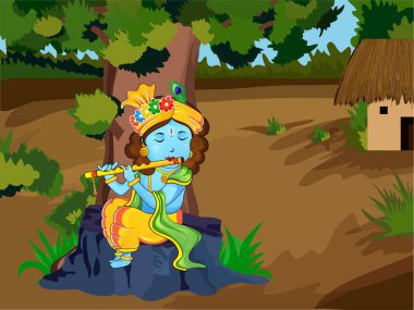 Mutlu Janmashtami 'nin resmi, Hindistan festivali. Lord Krishna köyün güzel manzarasıyla Bansuri oynuyor..