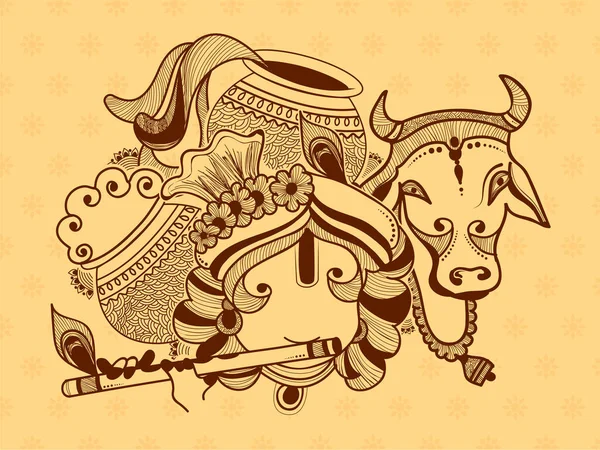 Εικονογράφηση Του Κυρίου Krishna Αγελάδα Και Dahi Handi Γιορτή Στην — Διανυσματικό Αρχείο