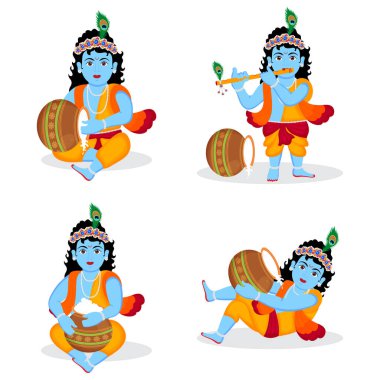 Tanrı Krishna 'nın farklı karakterleri var. İllüstrasyon, Tanrı Krishna Janmashtami' nin doğum günü, Hindistan festivali. Lord Krishna Bansuri oynuyor ve kaymak yiyor..