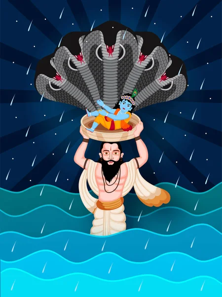 紙切り インドの幸せなジャンマスタミ祭りのイラスト ヴァスデヴと蛇は雨からクリシュナ公を救う — ストックベクタ