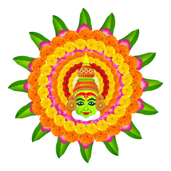 Ilustração Rosto Kathakali Com Flor Rangoli Flores Calêndula Folhas Rosa —  Vetores de Stock