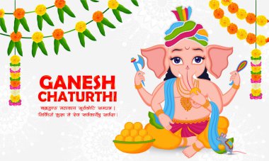 Beyaz, geleneksel dekoratif arka plan ve güzel kırmızı tipografiyle Lord Ganesh Chaturthi 'nin tasviri..