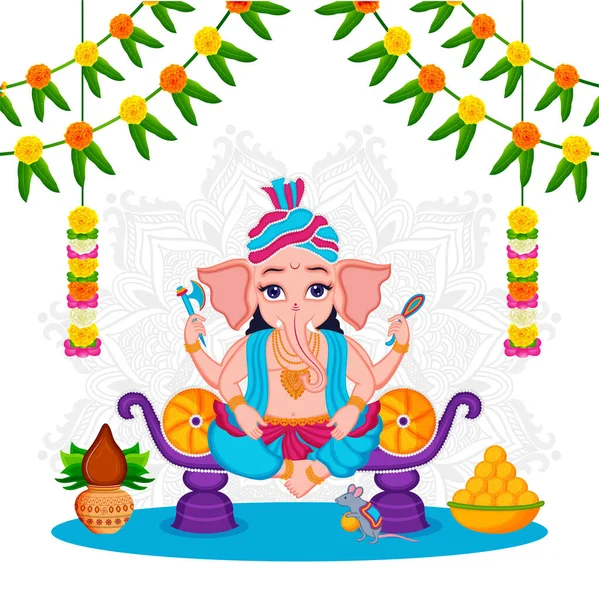 Illustration Lord Ganesha Sur Mandala Traditionnel Blanc Arrangement Floral Fond — Image vectorielle