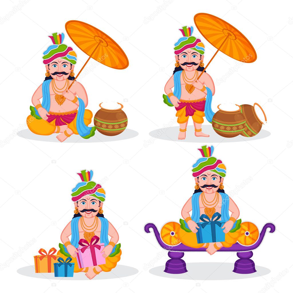 Illustration of cartoon character of King Mahabali holding umbrella, set of four poses. Happy Onam festival in Kerala.