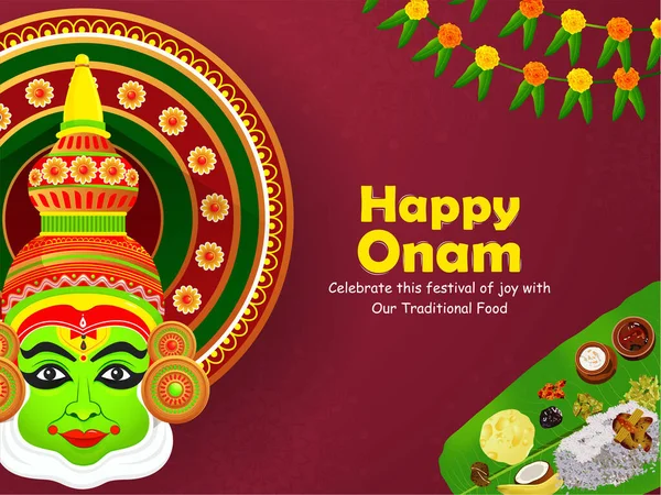 Ilustrace Happy Onam Tradiční Červené Zdobené Mandaly Pozadí Kathakali Tanečnice — Stockový vektor