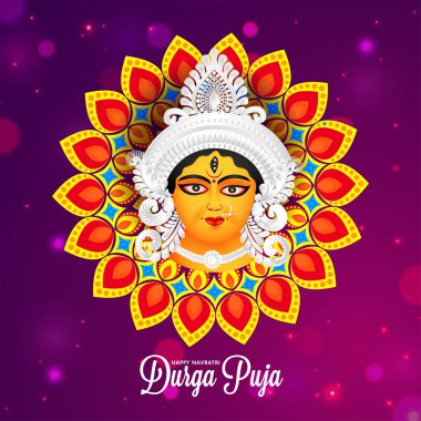 Hint festivali shubh navratri ve Durga puja için güzel maa durga yüz çizimine sahip mandala tasarımı..