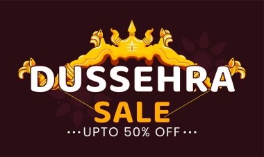 Mutlu Dussehra özel indirimleri% 50 indirimli. Hint festivali kutlaması. İyinin kötülüğe karşı zaferi. Vektör tipografi metni .