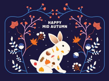 Mutlu Sonbahar Festivali, şirin tavşan, çiçek desenli, sonbahar yaprakları ve elementleriyle renksiz bir arka plan. Vektör İllüstrasyonu.